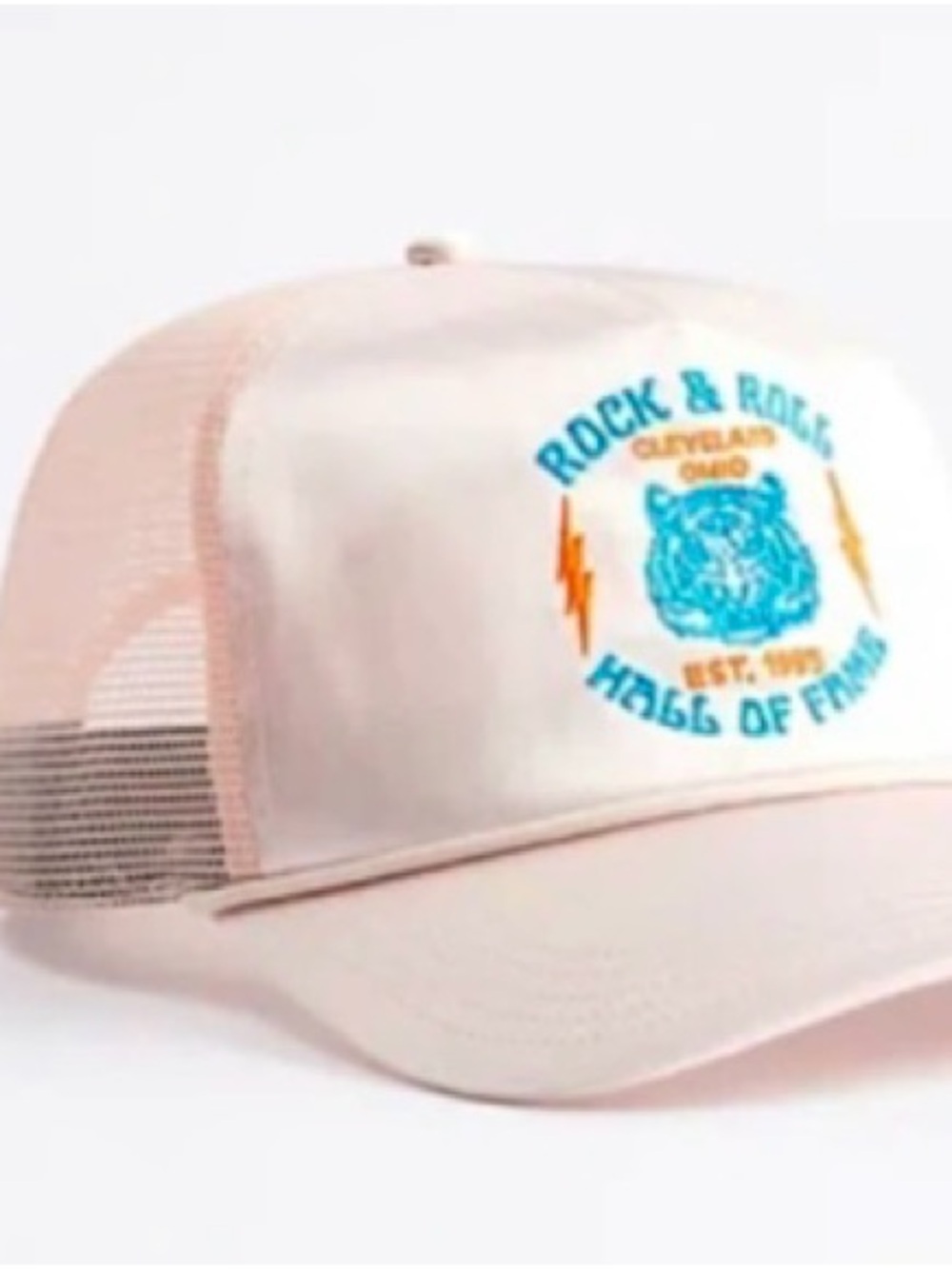 Urban Outfitters Rock & Roll Trucker Hat in Light Pink Satin with Blue Logo